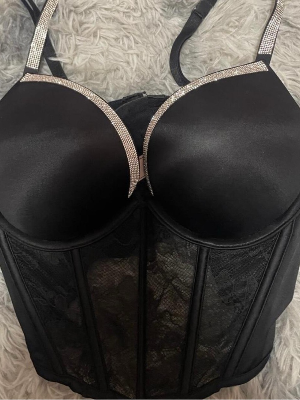 Victoria's Secret Black Lace Longline Bustier with Crystal Trim